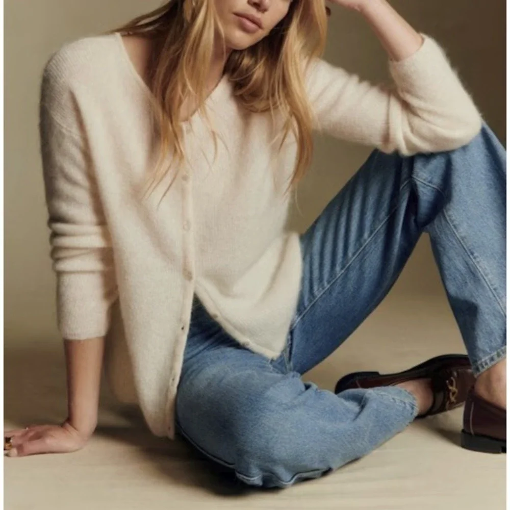 Sezane Gaspard Super Kid Mohair Baby Alpaca Ecru Cardigan Sweater XXS Luxury - Picture 13 of 14